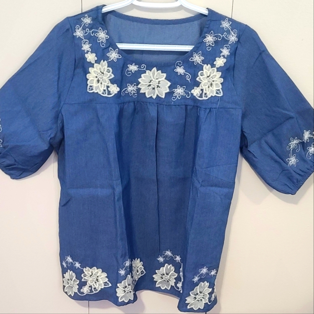 Cute soft jean blouse flair bottom with flower embroidery, one size fits…